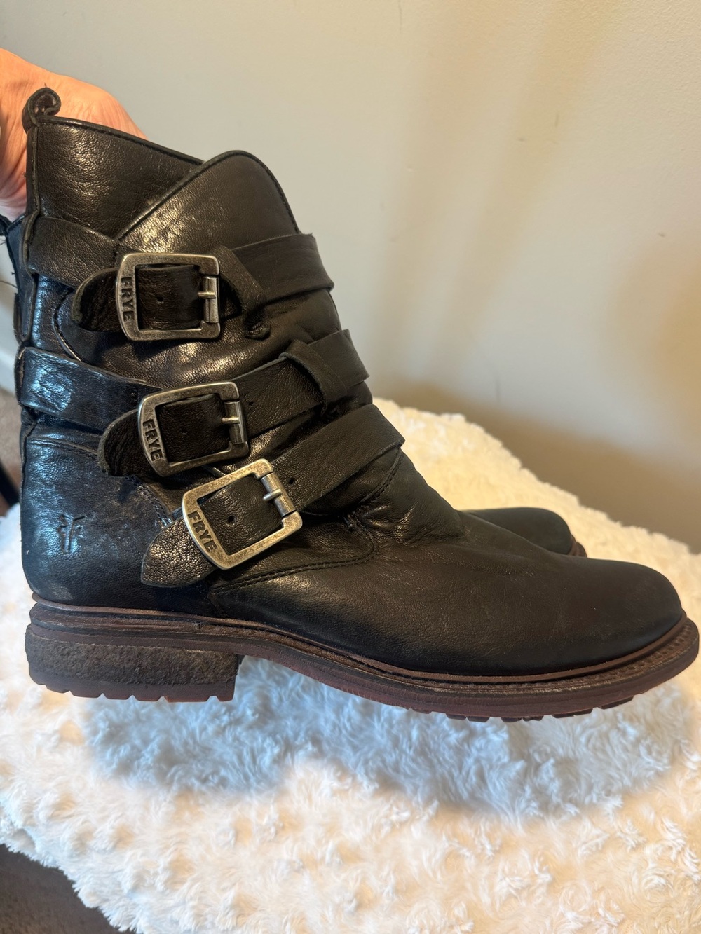 Frye Valerie Black Leather Shearling Strappy Moto Ankle Boots - Size 11